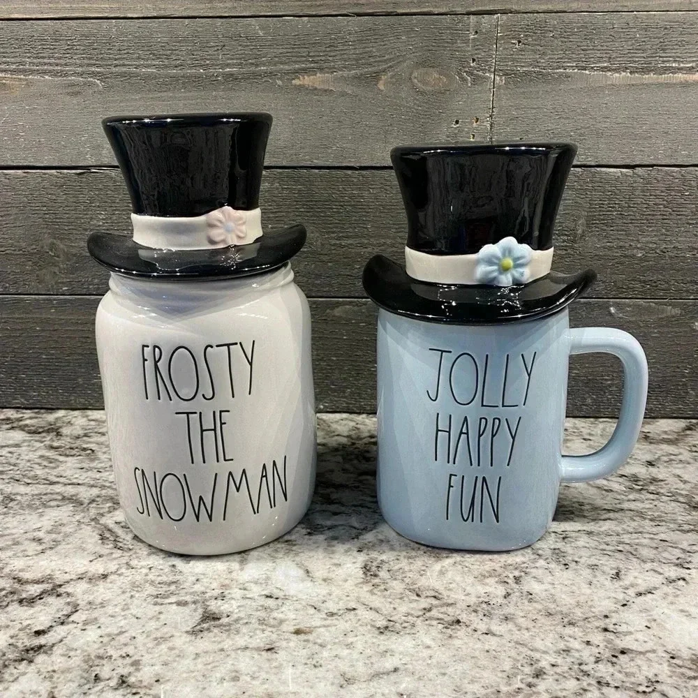 New Rae Dunn Frosty the Snowman Set Jolly Happy Fun Mug & Canister